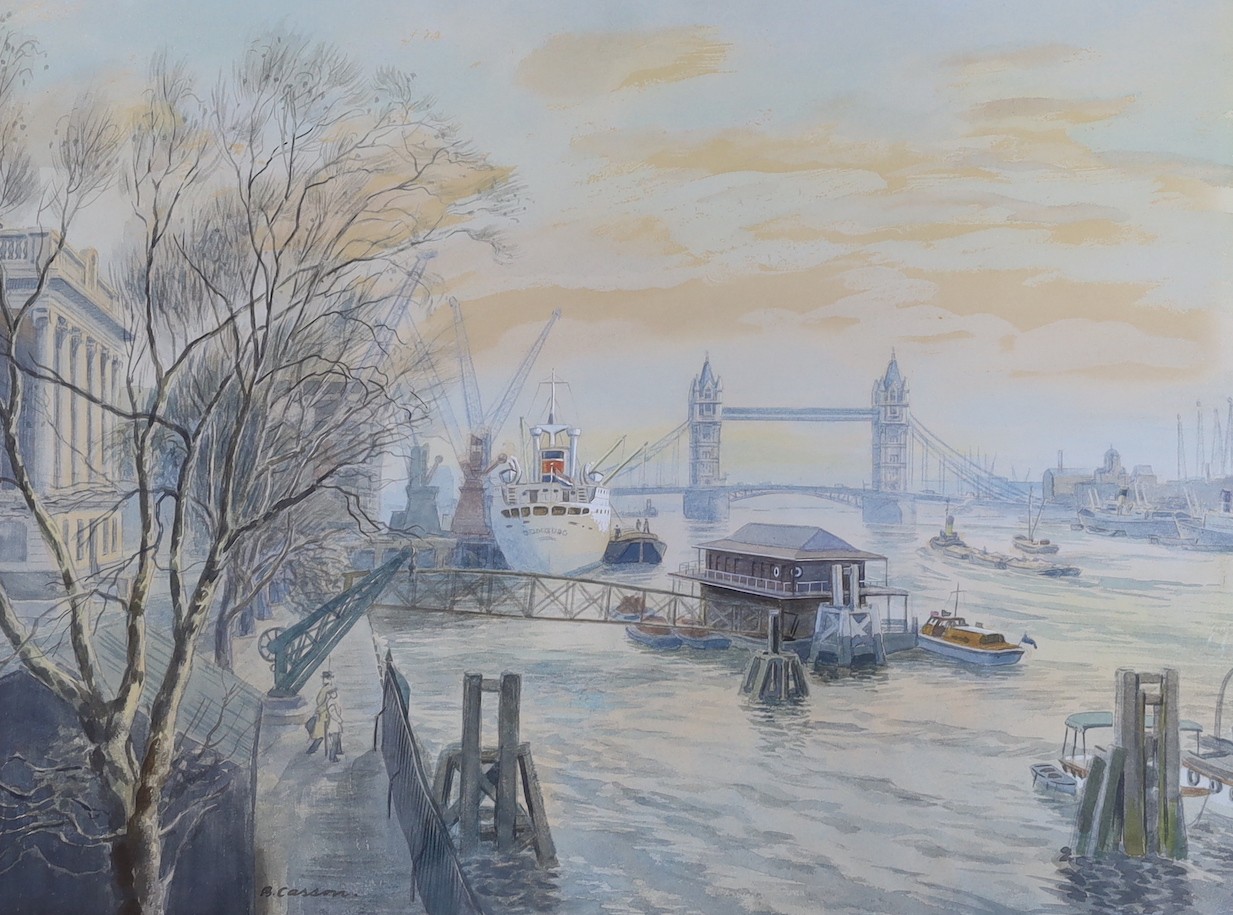 B Casson, 20th century, watercolour, Thames shipping, signed, 37 x 50cm, and John L Baker (b.1922), Tower Bridge, signed, 20 x 53cm (2)